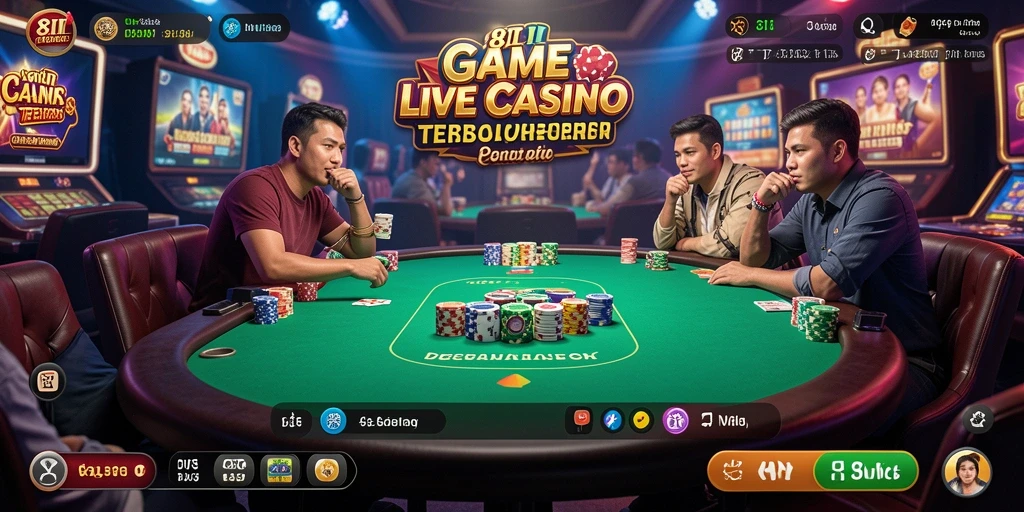 Tampilan screenshot gameplay 8II yang menampilkan dealer langsung dan suasana kasino.