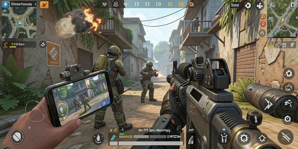 Screenshot gameplay AW8 yang menampilkan aksi seru di medan perang TPS.
