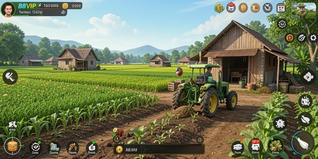 Tampilan gameplay B8VIP yang menawan dengan aktivitas pertanian.