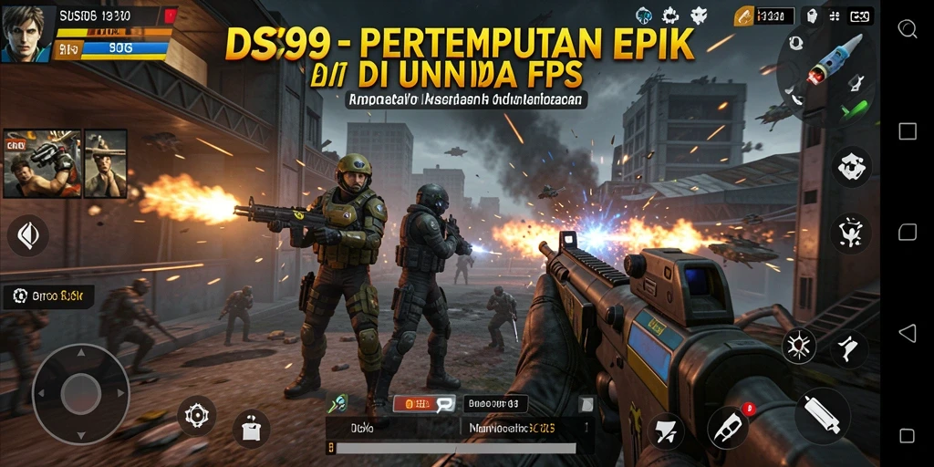 Screenshot DS99 menunjukkan aksi pertempuran mendebarkan dalam game FPS.