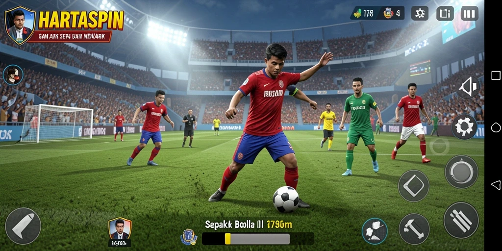Tampilan gameplay HARTASPIN dengan aksi sepak bola yang mendebarkan.