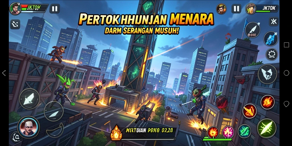 Tampilan gameplay JKTOK yang seru dalam melindungi menara.