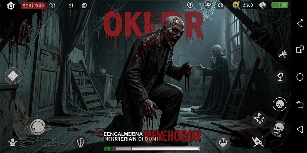 Screenshot gameplay OKIDR yang menunjukkan suasana mencekam dan elemen horor.