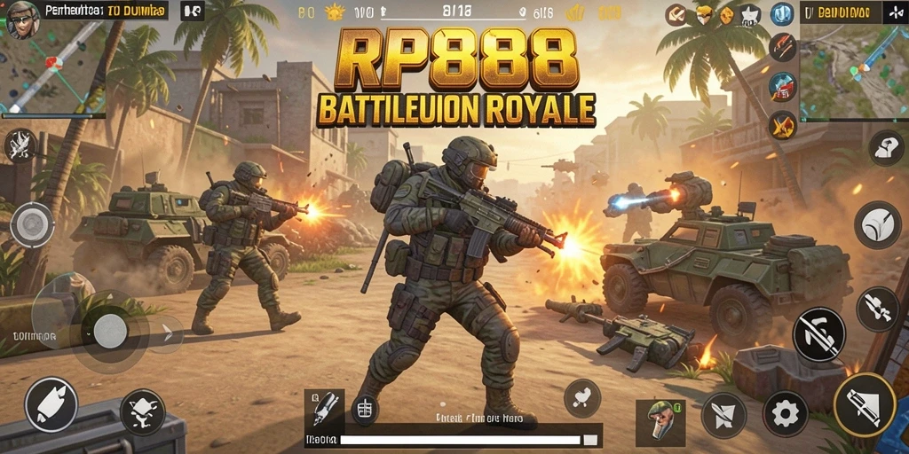 Tampilan intens aksi gameplay Battle Royale RP888.